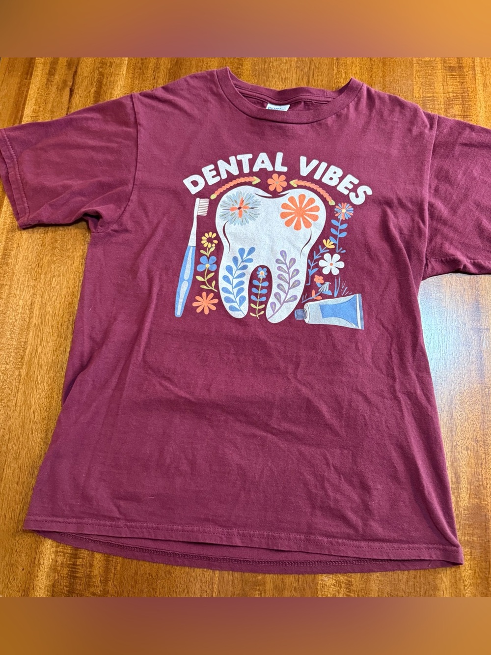 Port & Company Dental Vibes Maroon Shirt Size S Retro Boho Floral Tooth Graphic - Picture 2 of 6